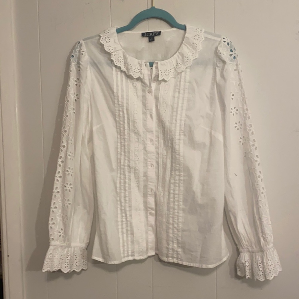 NWT. J. Crew cotton blouse. eyelet and lace on body collar and wrists size Small